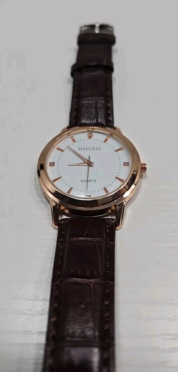 Mreurio White Dial Rose Gold Tone Case Brown Leather Band MensWatch New Battery
