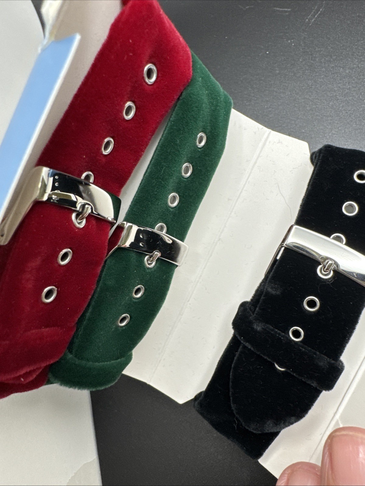 3 Rhinestone Quartz Watches Crystal Bezel Velvet Bands Red Green Black Lot
