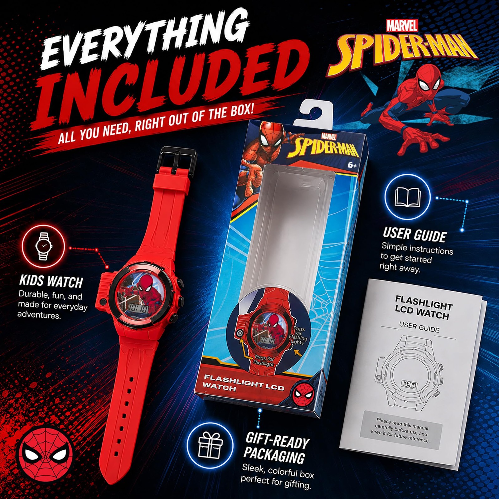 Marvel Spider-Man Flashlight Watch for Kids – Light-Up Fun with LCD Display, LED