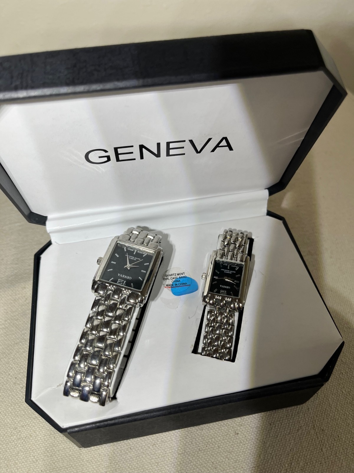 Geneva Designer Metallic Black Face Silver Tone His & Hers Watch w/ Box