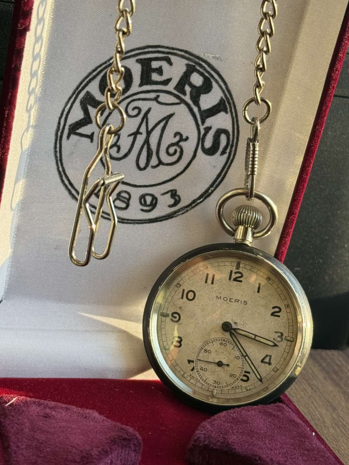 Antique Pocket Watch Swiss Mechanical MOERIS Military P Face Chain Civil Defense