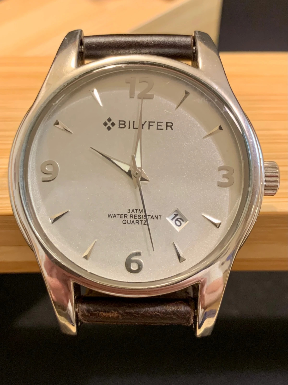 Bilyfer Classic 42mm Watch Silver Dial Brown Leather Strap