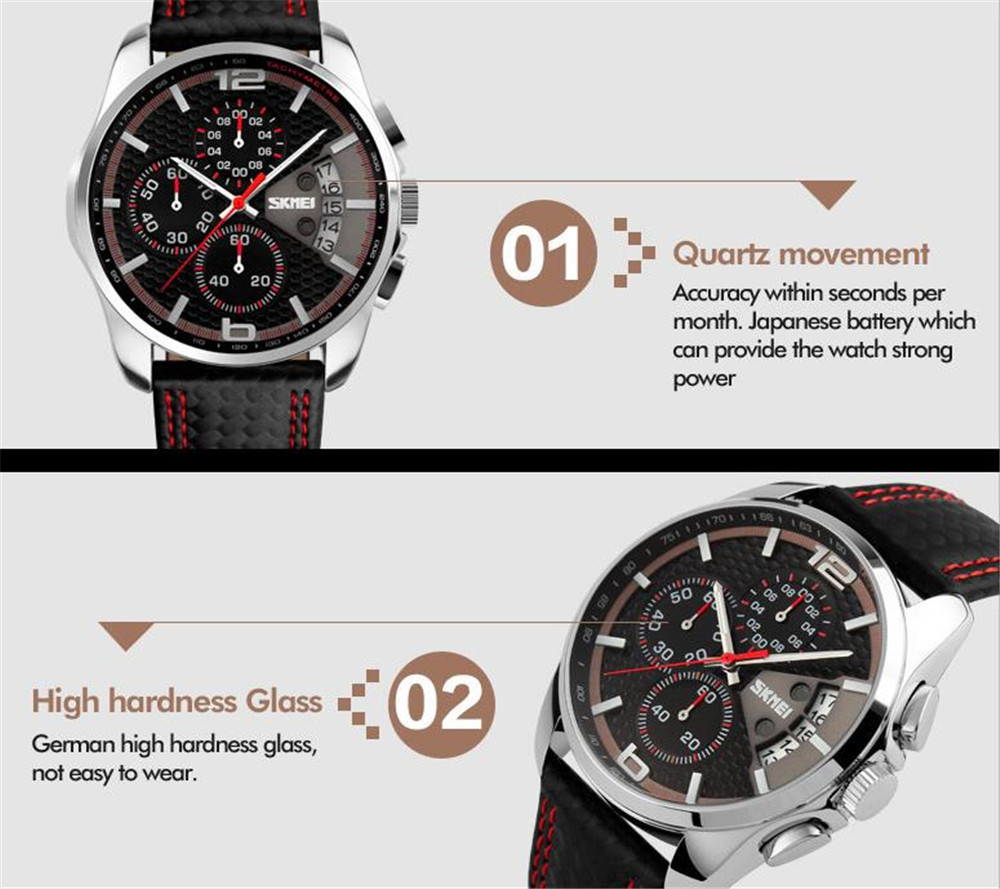 SKMEI Men Quartz Watch Leather Strap Chronograph Date Male Business Wristwatches