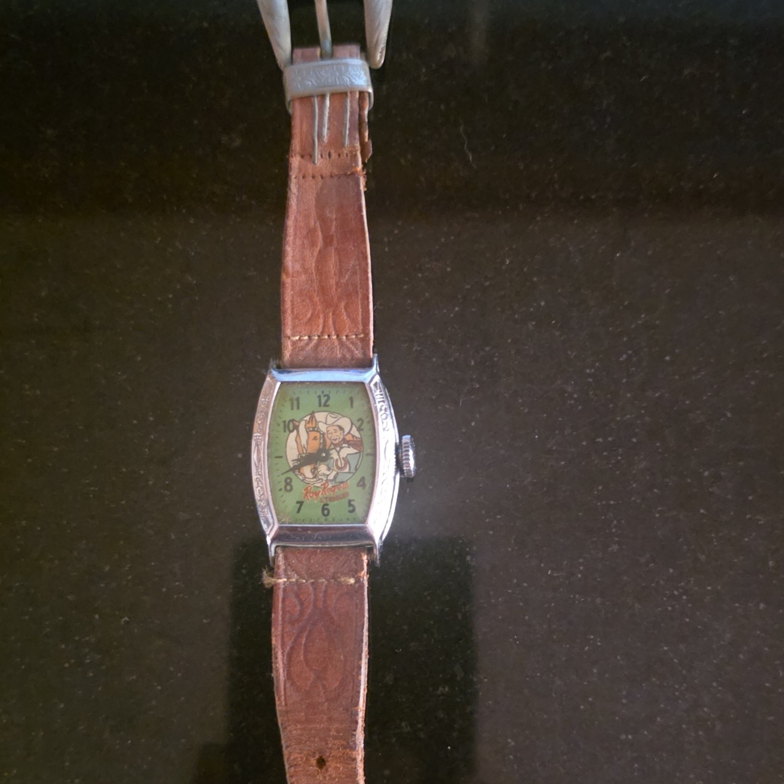 Roy Rogers Cartoon Dial Pre-1920 Manual Tonneau Watch, Brown Leather Strap