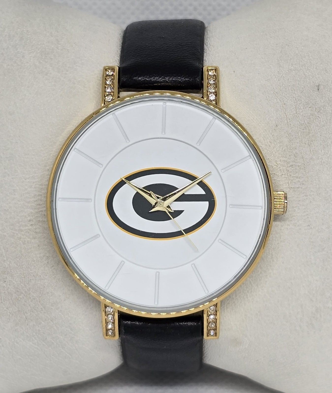 Women’s Green Bay Packers Crystal Accents Lugs Black Leather Strap Watch 10
