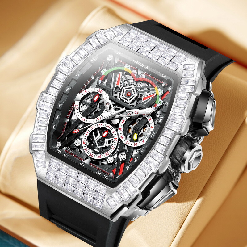 ONOLA Tonneau Hollow Pavé CZ Multifunction Week/Month Automatic Mechanical Watch