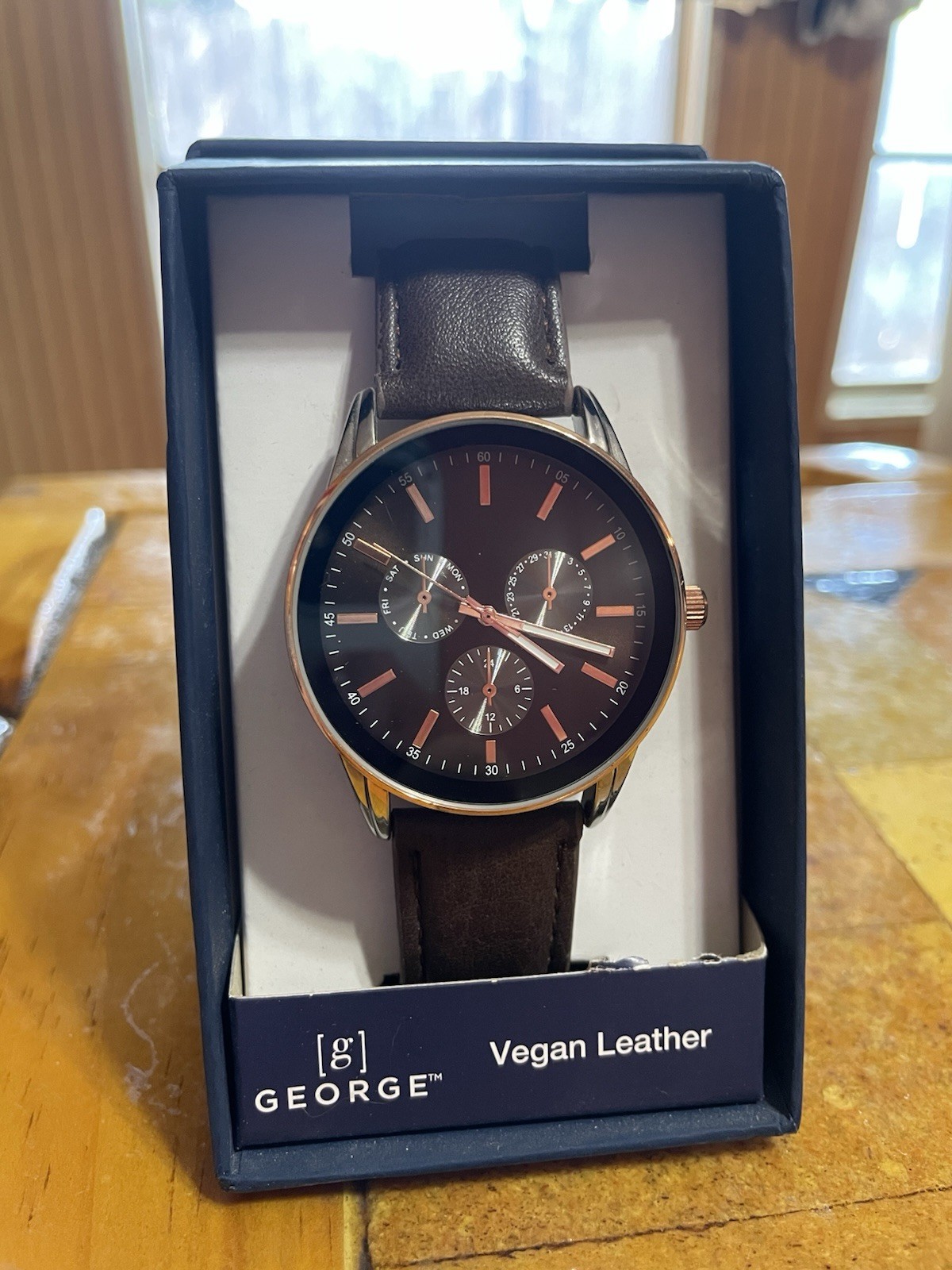 George Men’s Quartz Day/Date Analog Watch Black Dial Brown Faux Leather Band Box