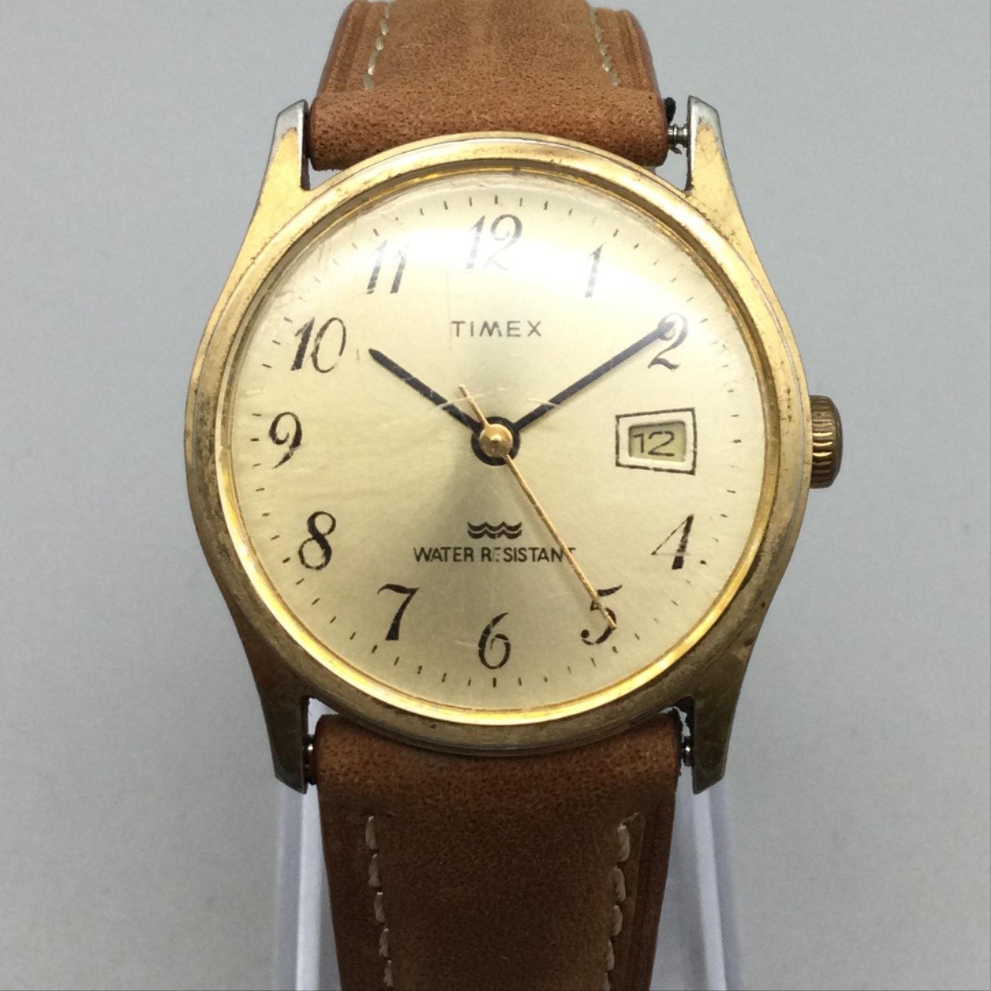 Timex Mens Watch 30mm Champagne Dial Gold Tone Brown Leather Manual Wind Date