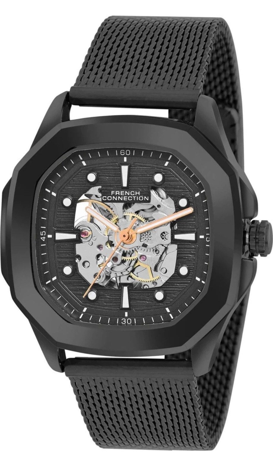 French Connection Automatic Men’s Skeleton Watch Mesh Strap Black & Gold