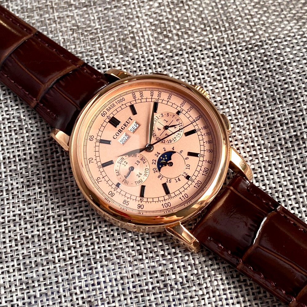 42mm corgeut pink dial multifunction Sea-gull 1655 automatic mens watch
