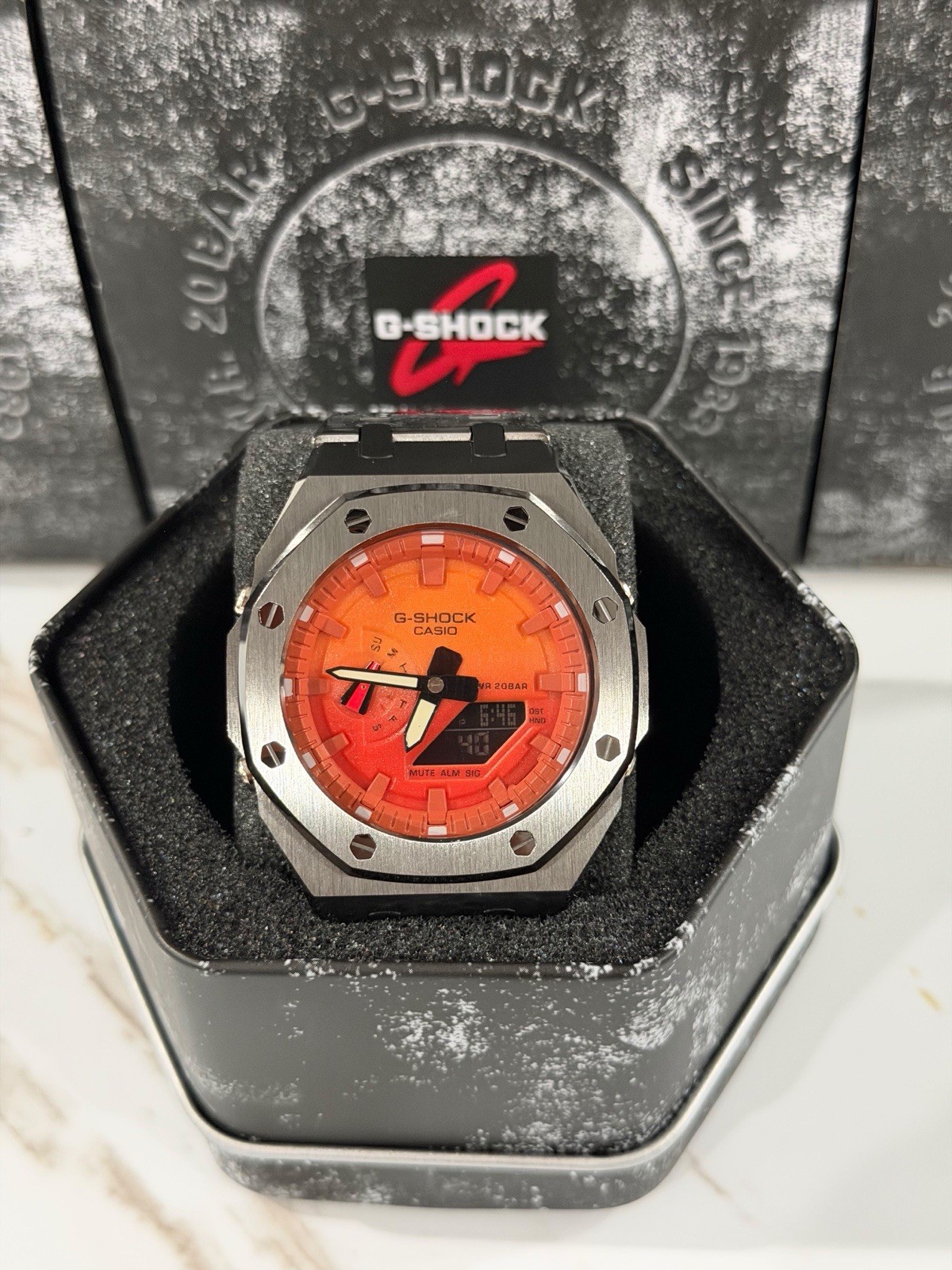 Casio GA-2100 G-Shock Watch – Sandblasted Metal Case Mod – Orange Dial