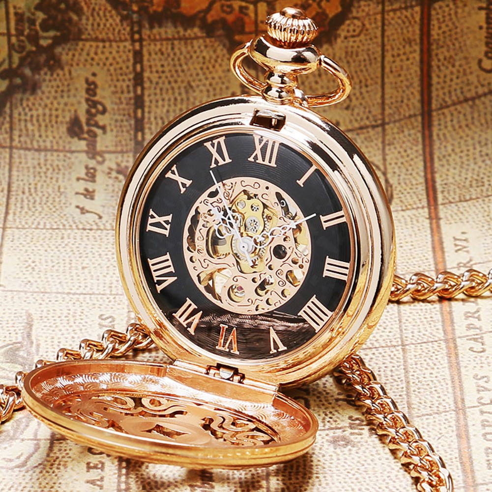 Steampunk RoseGold Skeleton Mechanical Pocket Watch Roman Dial Wedding Gift