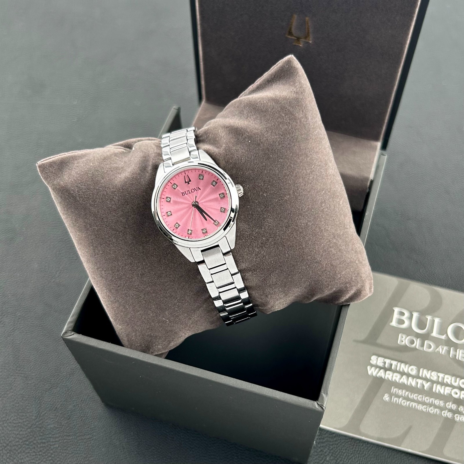 New w/box Bulova Sutton Diamond Pink Dial Women’s 28mm Quartz Watch 96P249