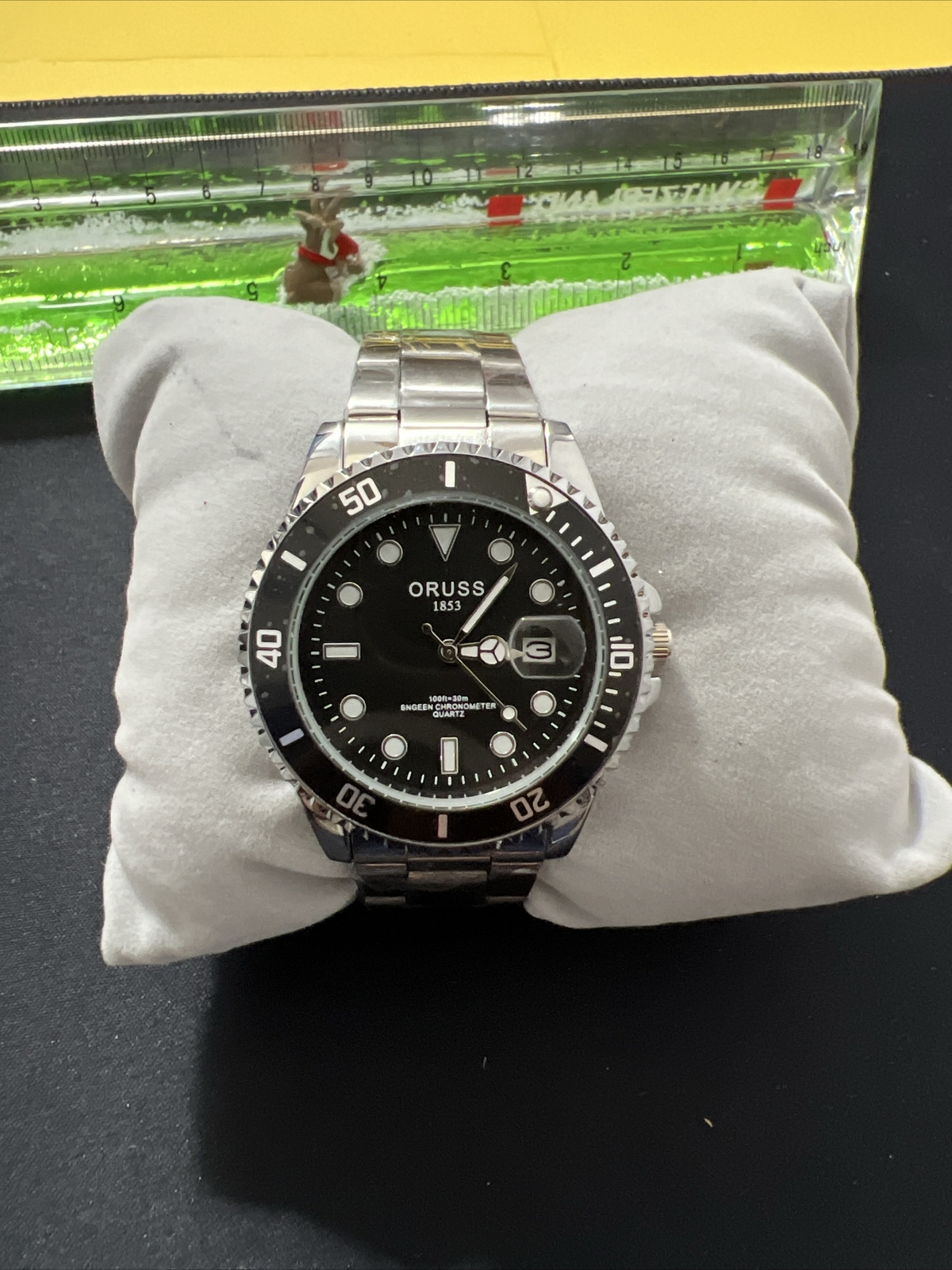 Mens Oruss 1853 Round Silver Tone Black Dial Bezel Date Analog Quartz Watch