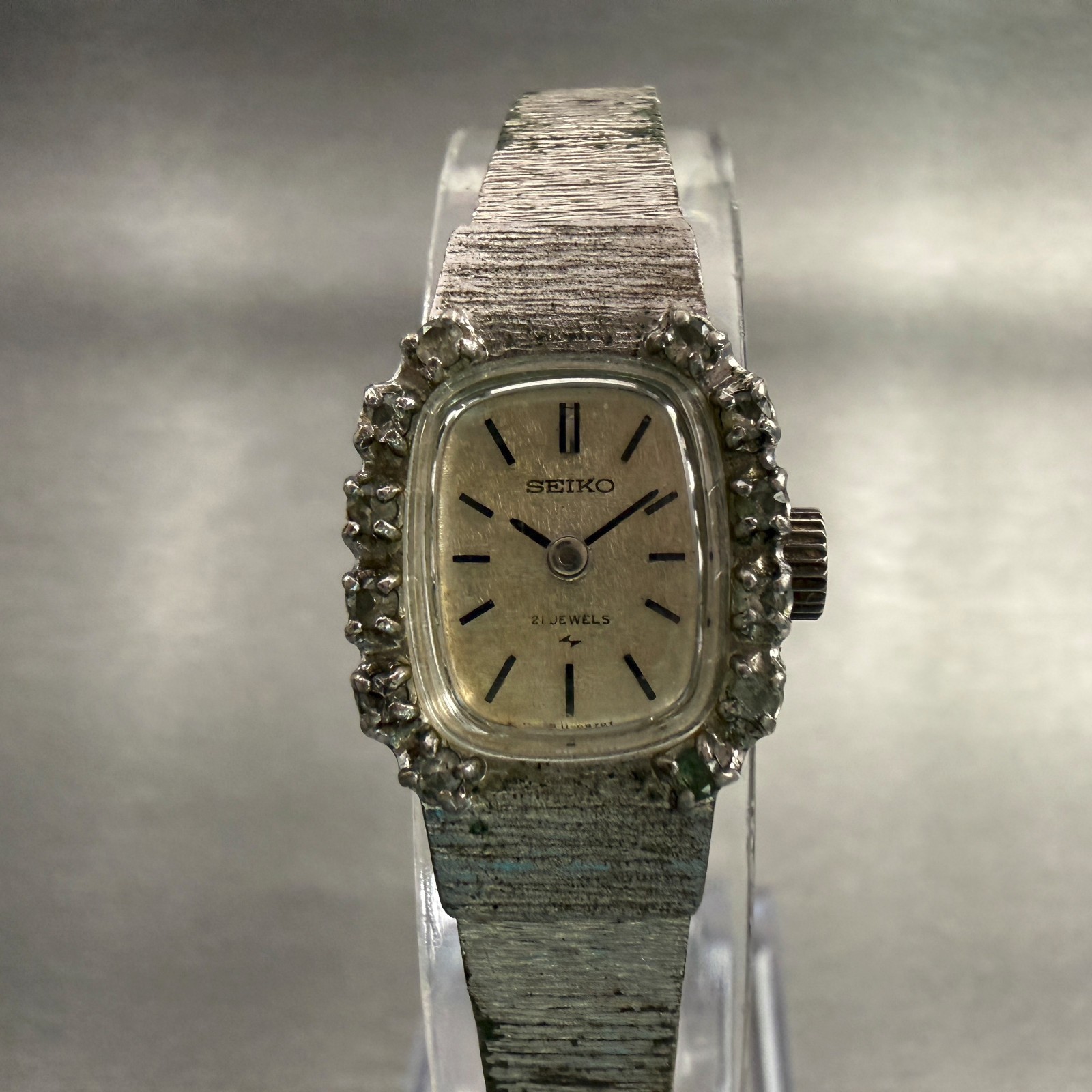 Seiko Watch Women 16mm Silver Dial Silver Tone Gemmed Rectangle 11-3340 Works