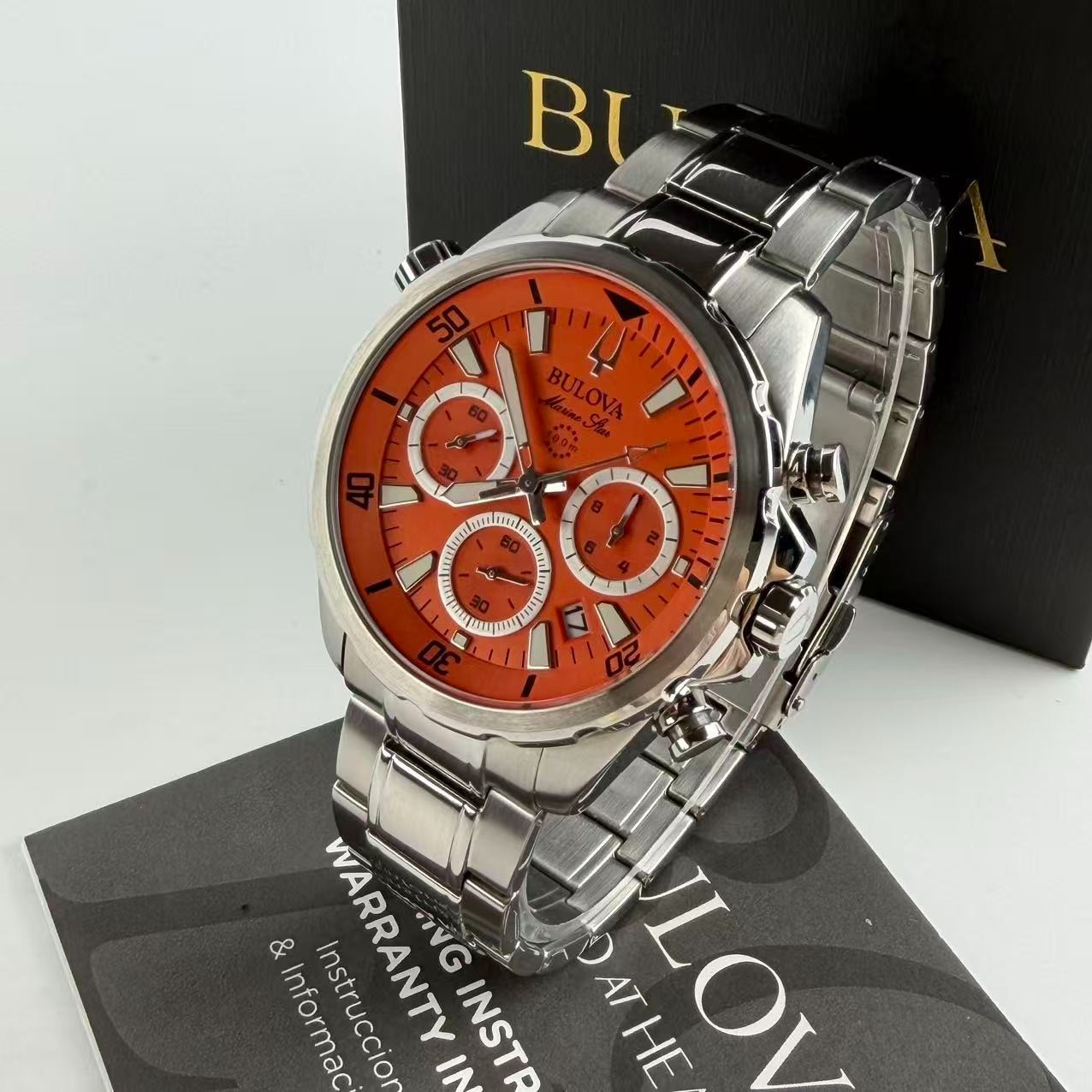 Bulova Marine Star 96B395 Men’s Chronograph Quartz Watch Orange Dial 44 mm