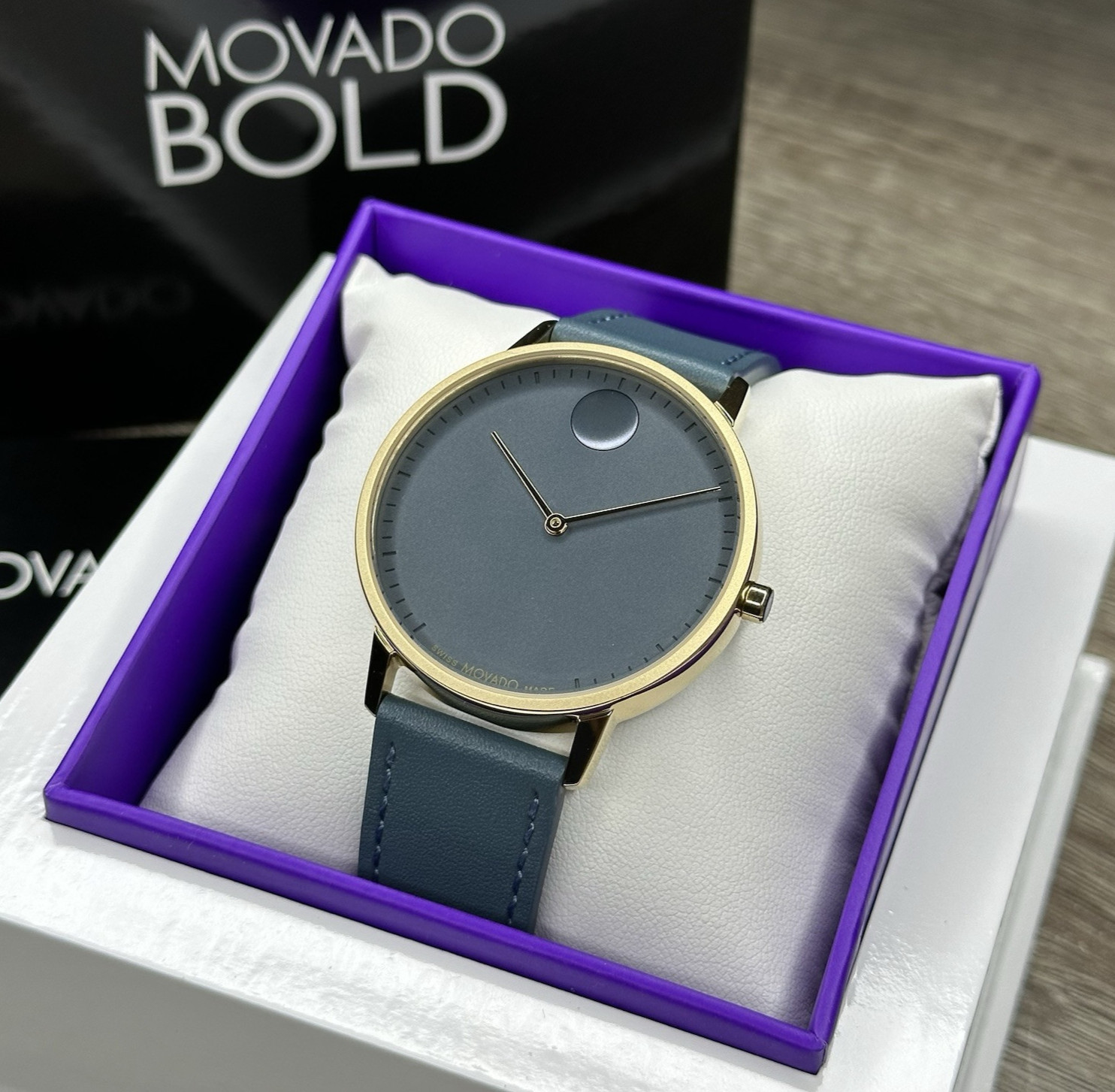 NEW✅SWISS✅ Movado FACE Gray Dial Teal Blue Leather 41mm Gold Men’s Watch 3640124