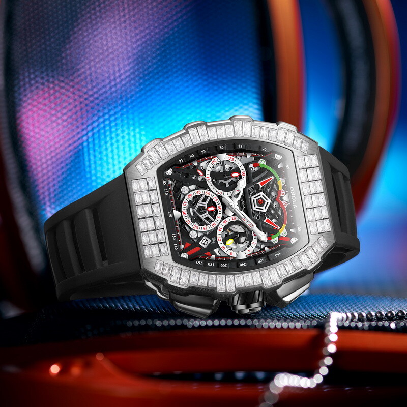 ONOLA Tonneau Hollow Pavé CZ Multifunction Week/Month Automatic Mechanical Watch