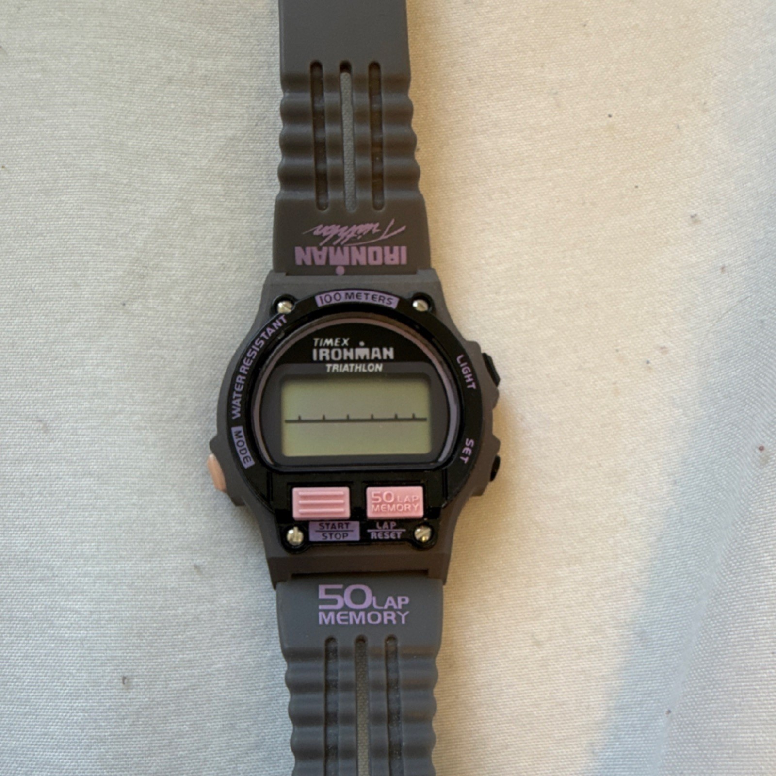 Vintage Pink Purple Timex Ironman Triathlon Digital Wristwatch Memory Gray Resin