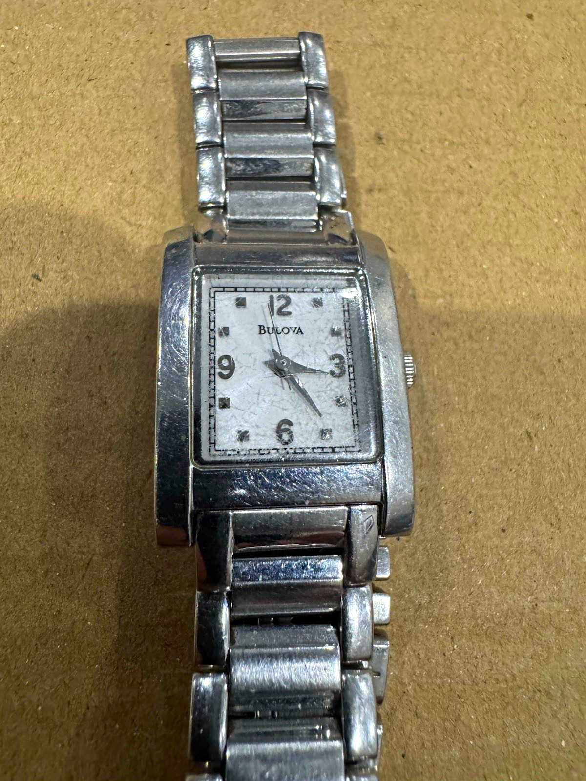 Bulova Tank Quartz Analog White Dial Silver Tone Metal Bracelet 21mm case