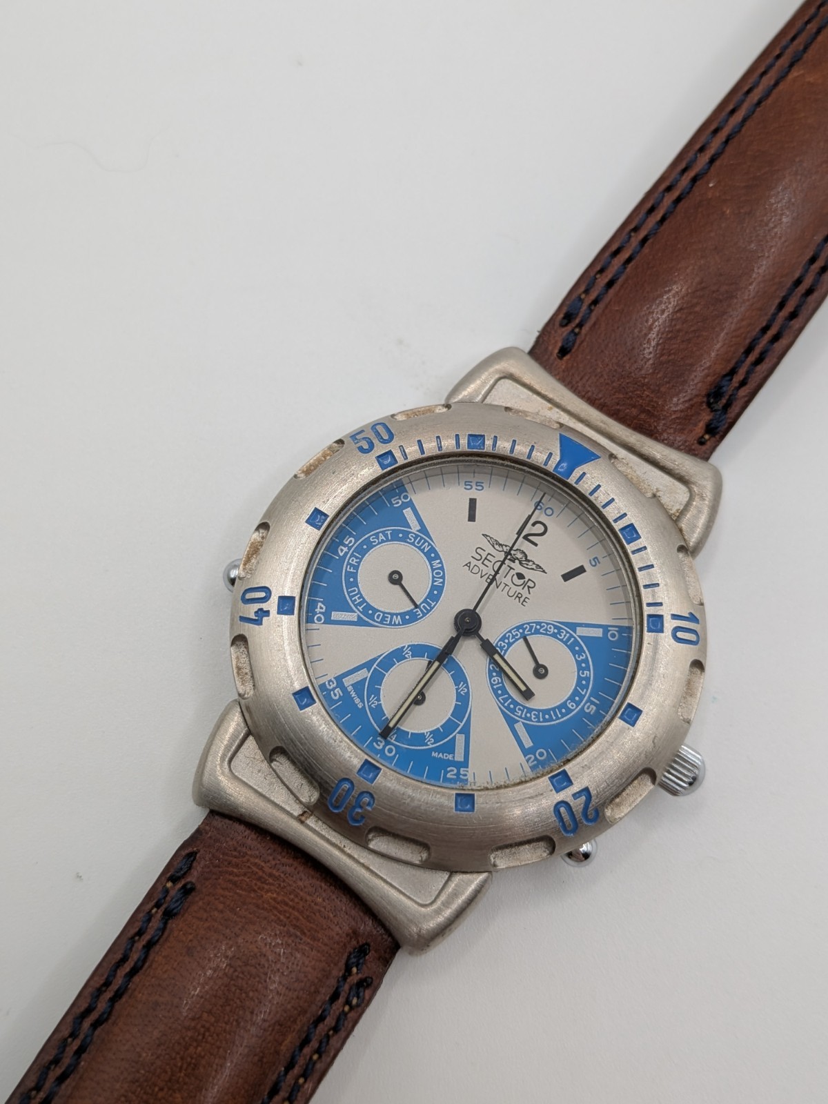 Classic Blue SECTOR Adventure Swiss Made Wrist Watch With Brown Leather Band