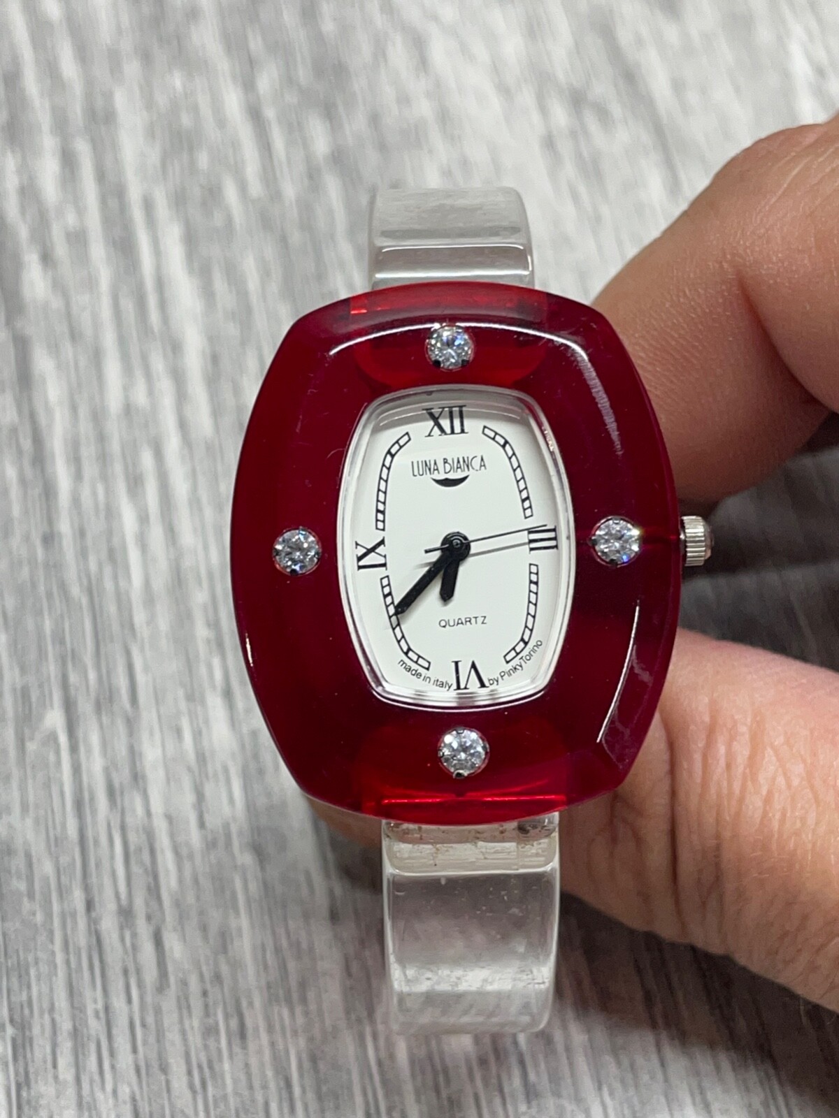 Luna Bianca Watch Clear Lucite Bracelet ITALIAN Red Face New Battery
