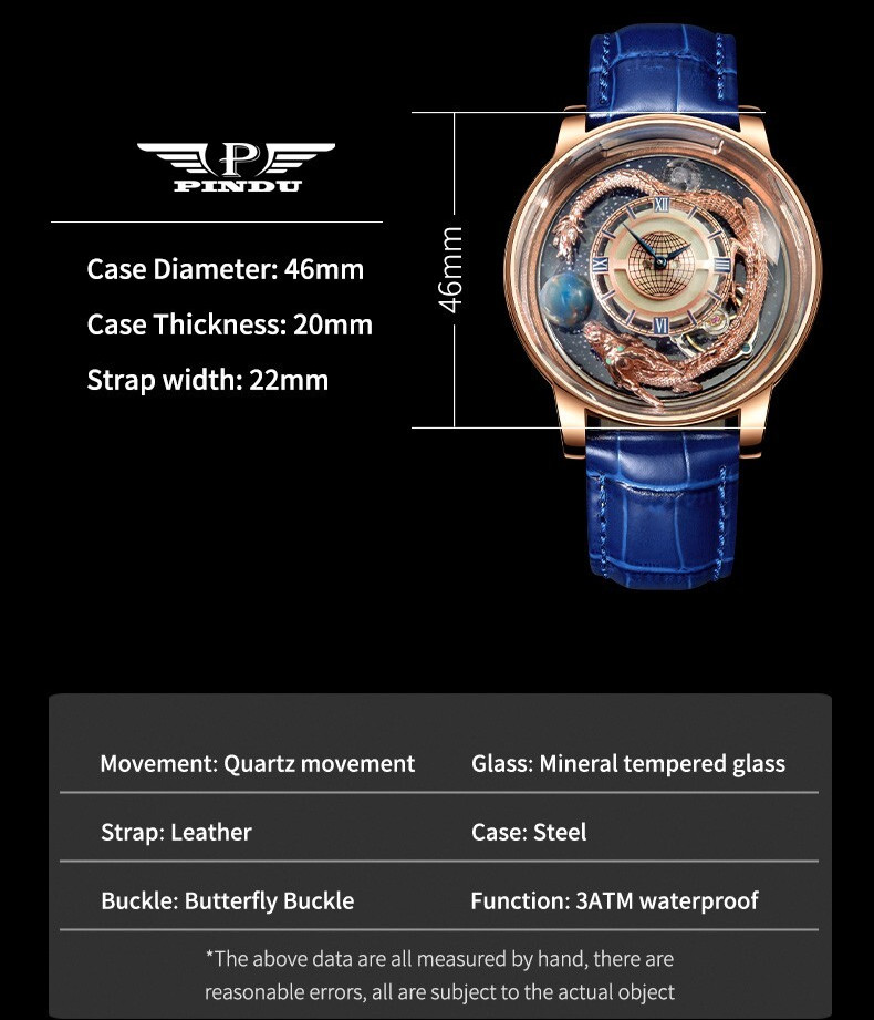PINDU Men’s Quartz Watch Celestial Dragon Openwork Starry Sky 3ATM Waterproof