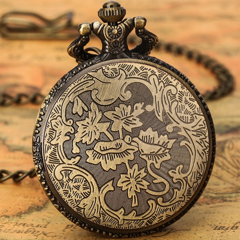 Steampunk Bronze Quartz Pocket Watch with Stone Decoration Chain Women Men Gifts