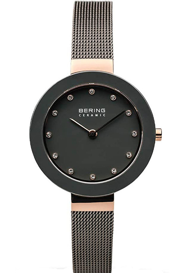 Bering Ceramic Bezel Grey Mesh Stainless Steel Band Women’s Watch 11429-369