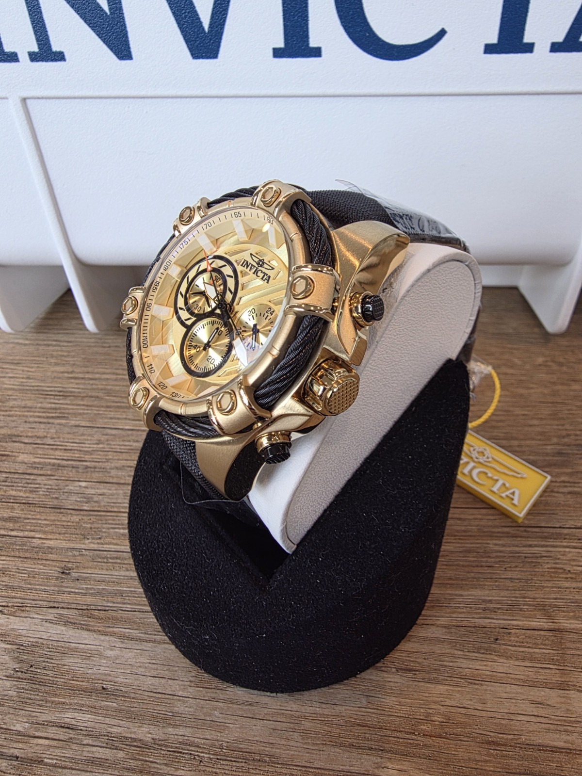 Invicta Bolt Ace Chronograph Quartz Gold Dial Black Leather Men’ Wristwatch 52mm