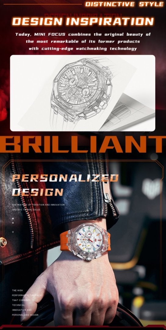 MINI FOCUS Men Transparent Case Multifunction Chronograph Calendar Quartz Watch