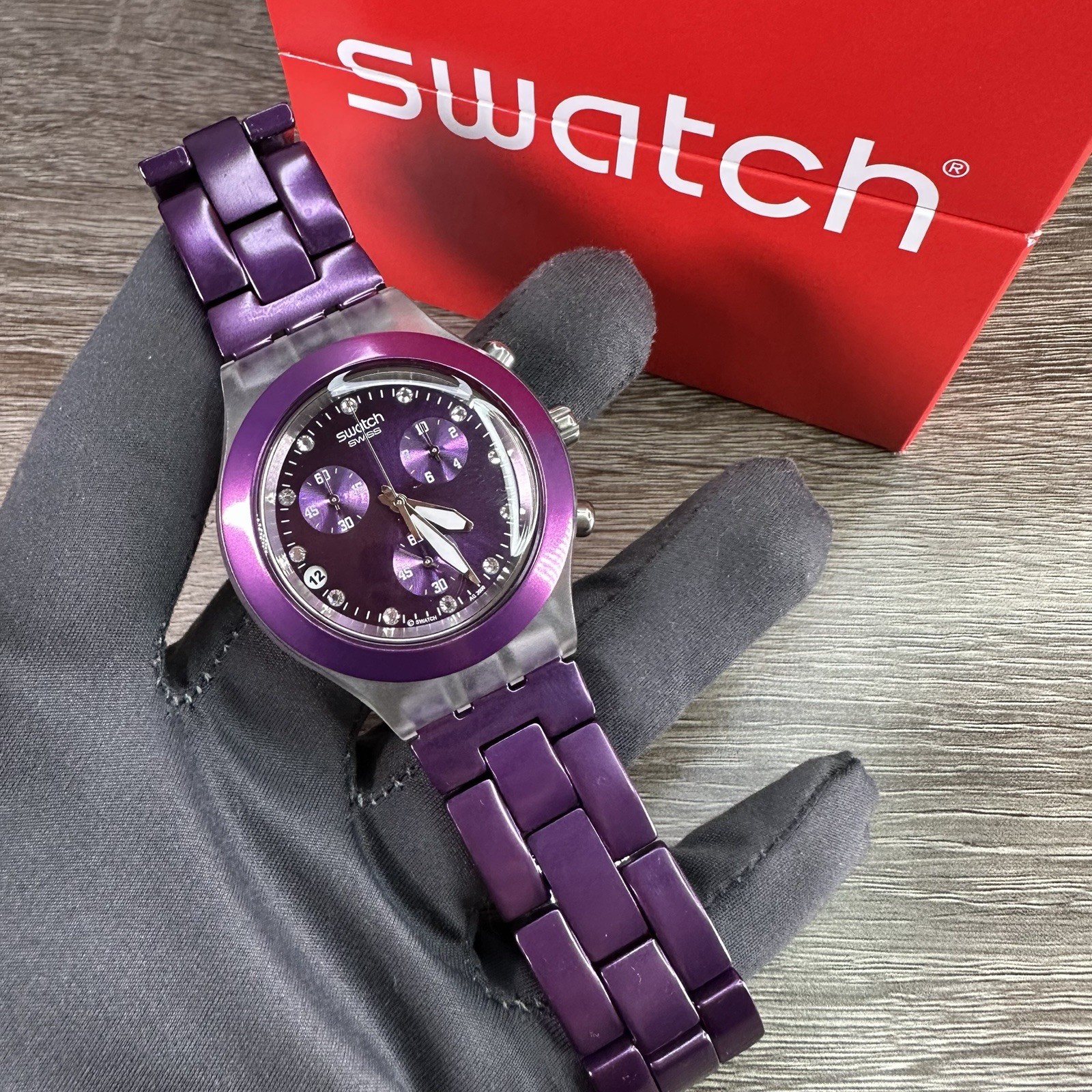 NEW✅ SWATCH IRONY FULL BLOODED PURPLE CHRONO ALUMINUM 43MM WATCH SVCK4048