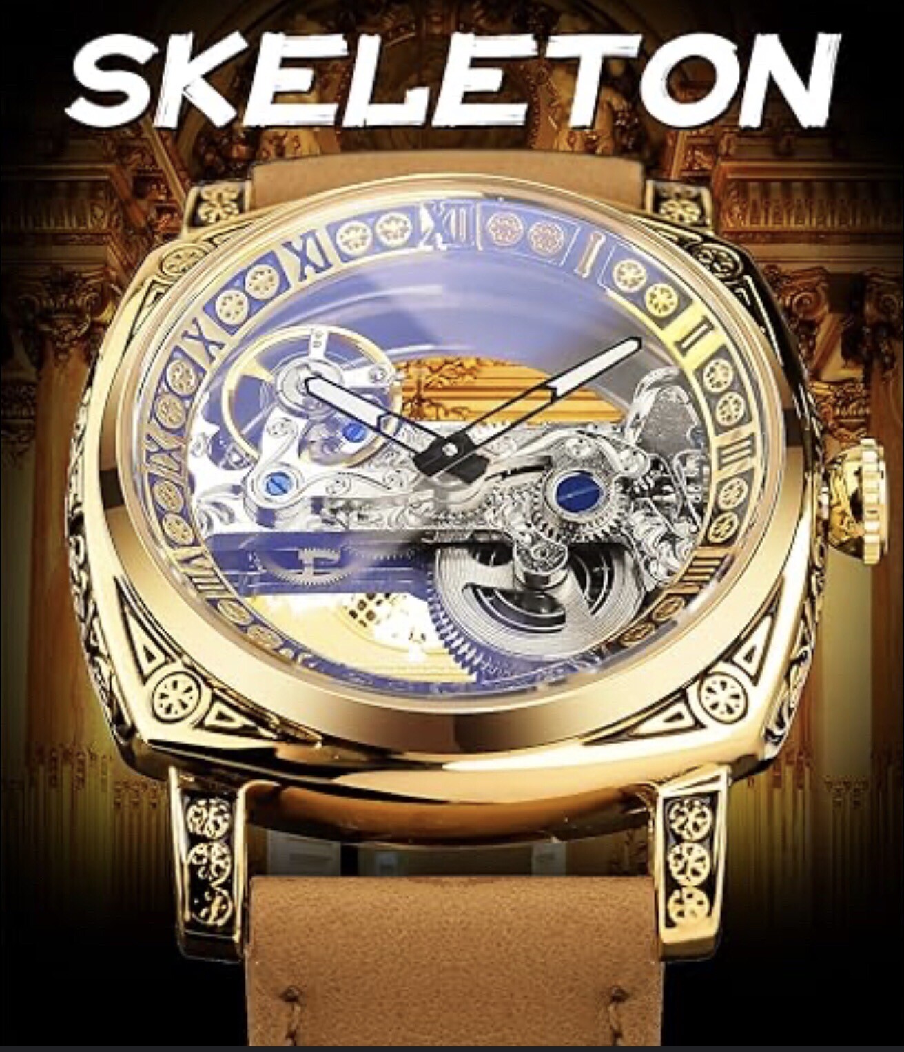 Forsining Men’s Automatic Square Retro Carved Skeleton Luxury Waterproof Watch