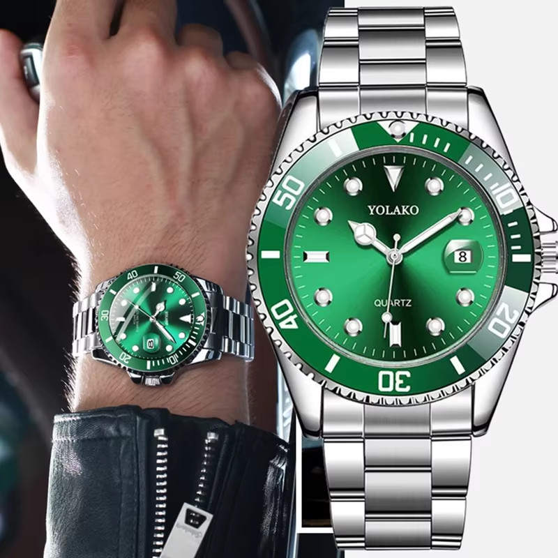 Men’s Fashion Quartz Watch Stainless Steel Green Dial Calendar 2023 Trend