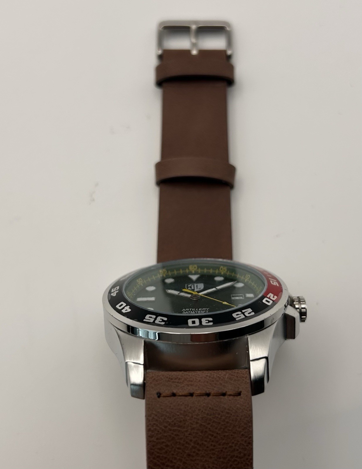 Three Leagues Men’s Artillery Green Dial Black & Red Bezel Quartz 43mm Watch