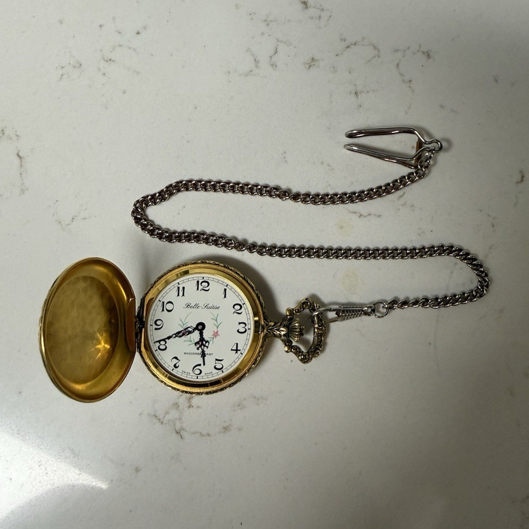 Vintage Belle Suisse Swiss Made Pocket Watch Hunter Case w/ Chain – Not Working