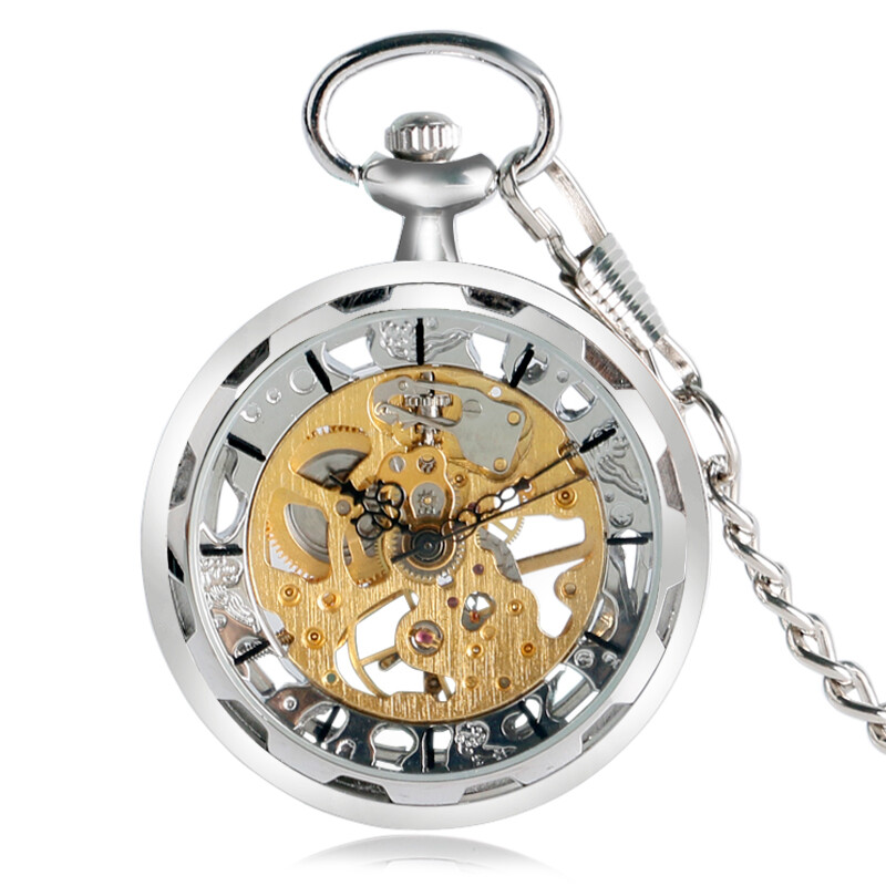 Mens Skeleton Pocket Watch Mechanical Silver Wind Up Fob Watch with Chain Luxury