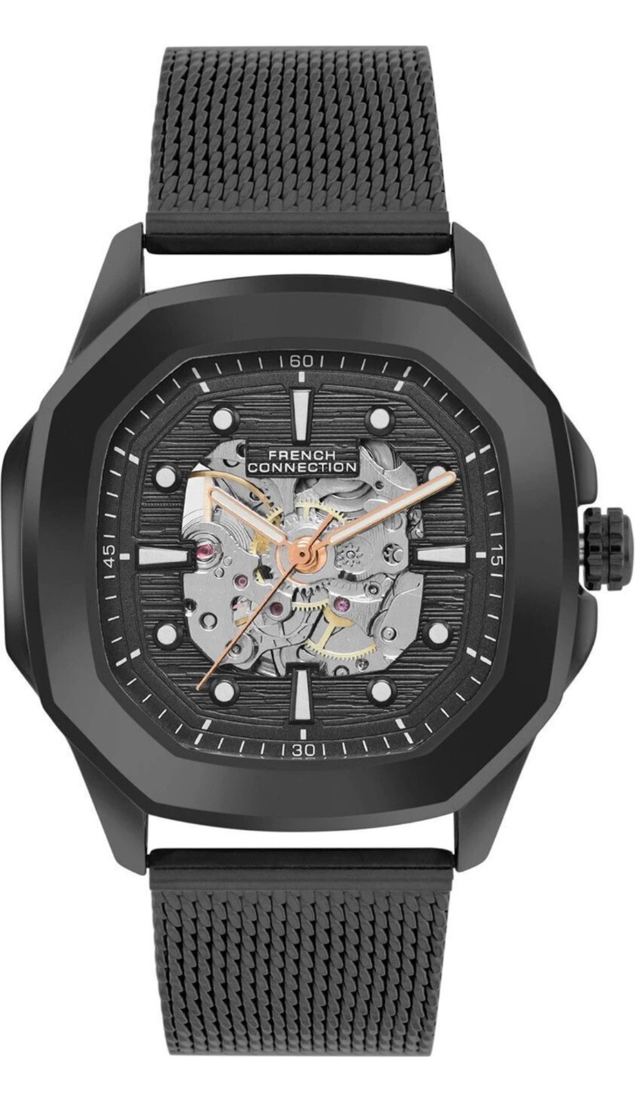 French Connection Automatic Men’s Skeleton Watch Mesh Strap Black & Gold