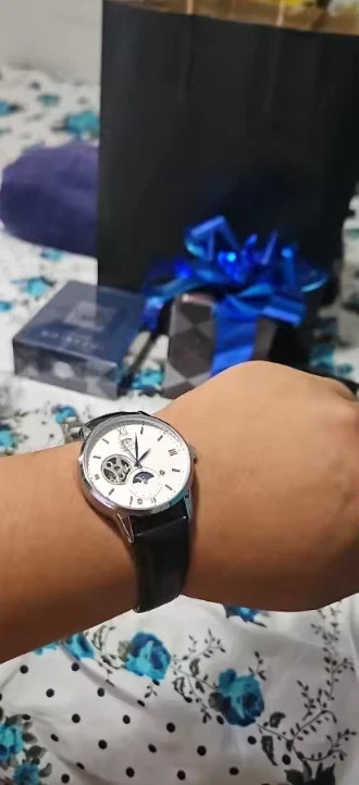 Orient Sun & Moon Semi Skeleton Automatic Watch Men’s Leather Strap Luxury Gift