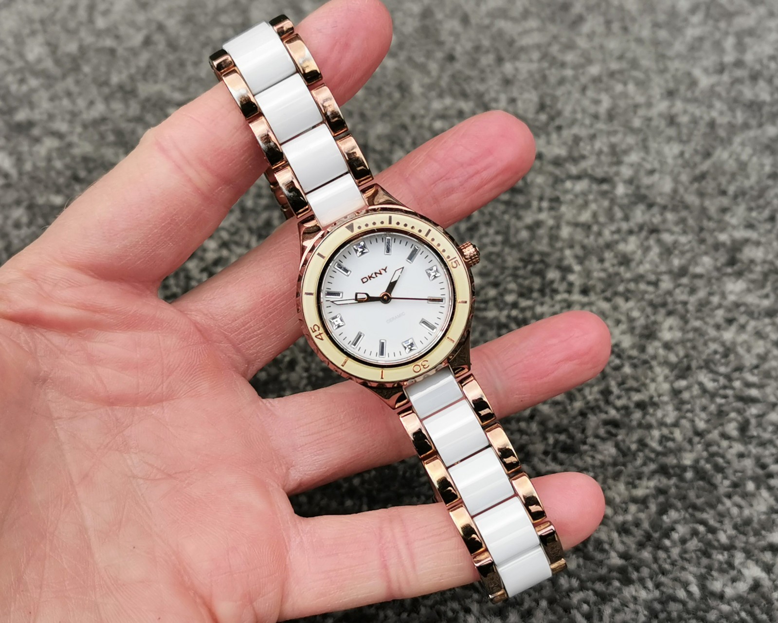 DKNY NY850 Rose Gold Watch, White Round Dial Ceramic Bracelet, Deployment Clasp