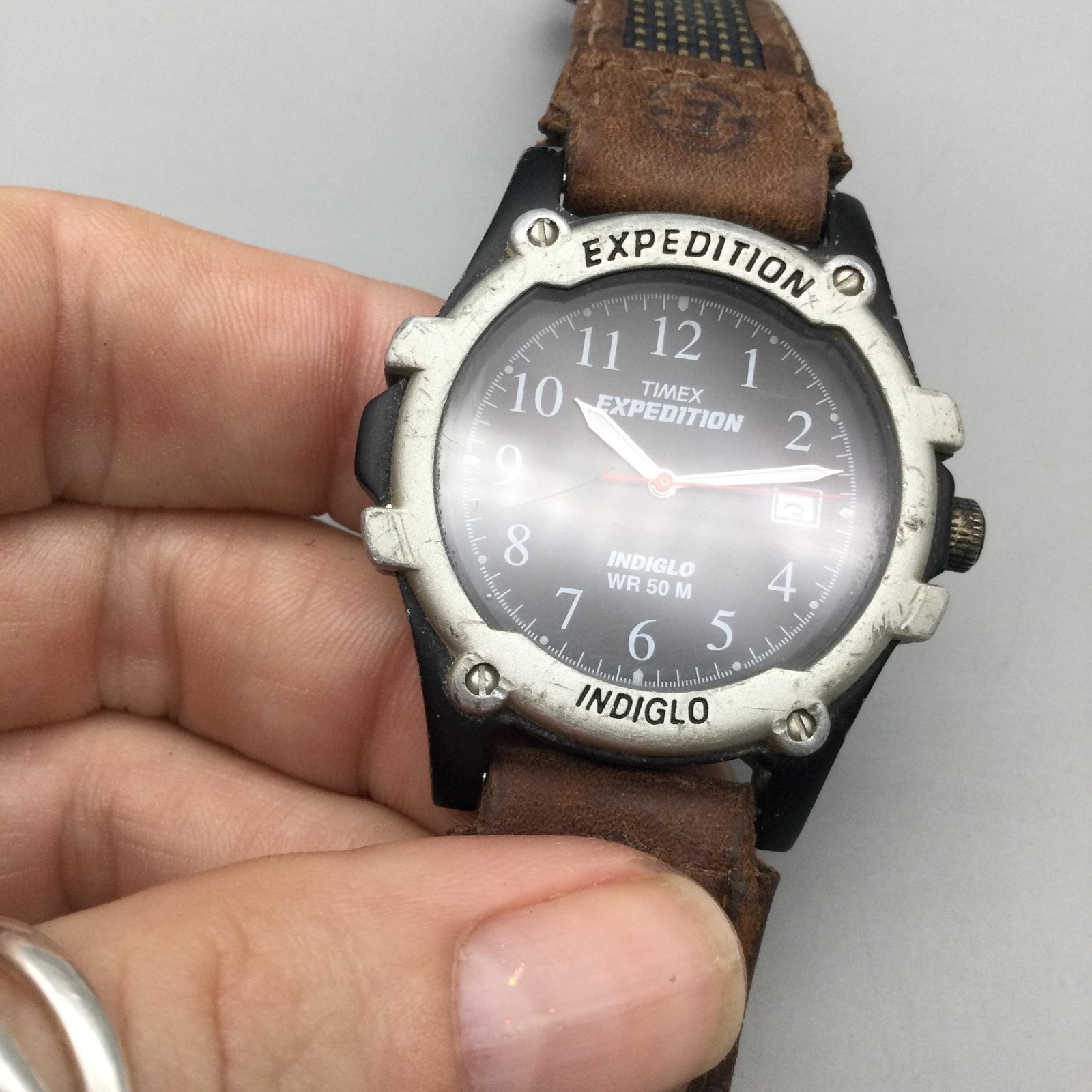 Timex Expedition Indiglo Mens Watch 39mm Black Dial Brown Leather New Battery
