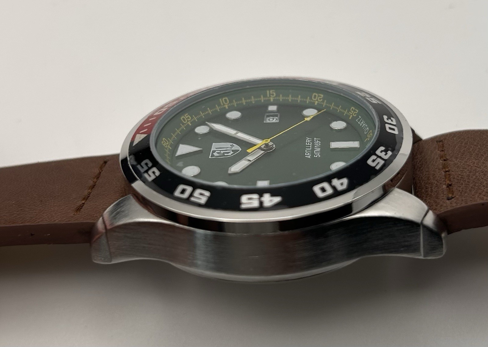 Three Leagues Men’s Artillery Green Dial Black & Red Bezel Quartz 43mm Watch
