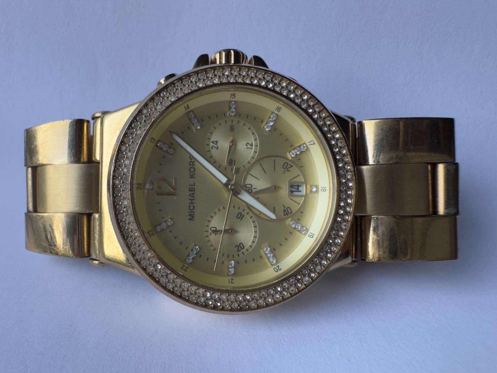 Michael Kors MK5386 Gold Crystal Chronograph Watch Date Women 42mm Authentic