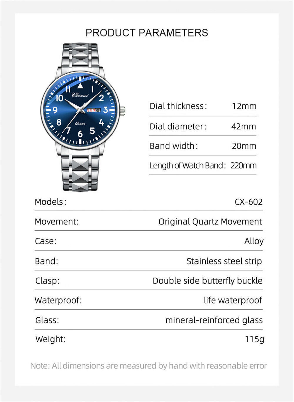 CHENXI Men Quartz Watch Calendar Week Display Wristwatch Male Steel White Watch