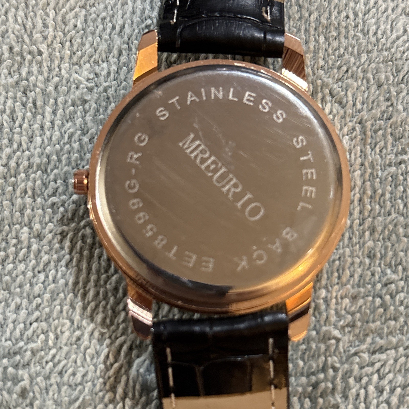 Mreurio White Dial Round Gold Tone Case Black Faux Leather Band Watch