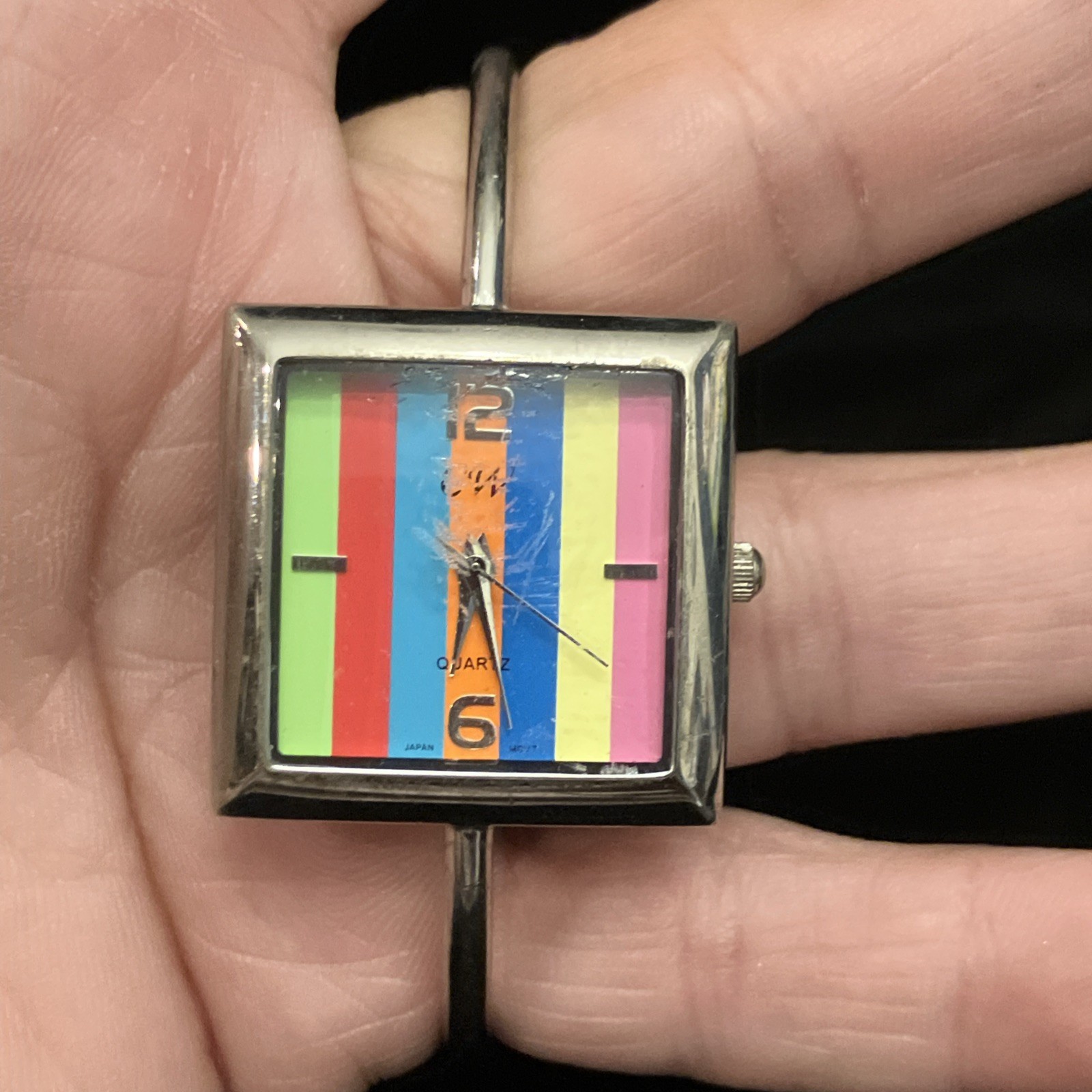 CW Red Green Blue Yellow Square Face Striped Rainbow Watch Stainless Steel Works