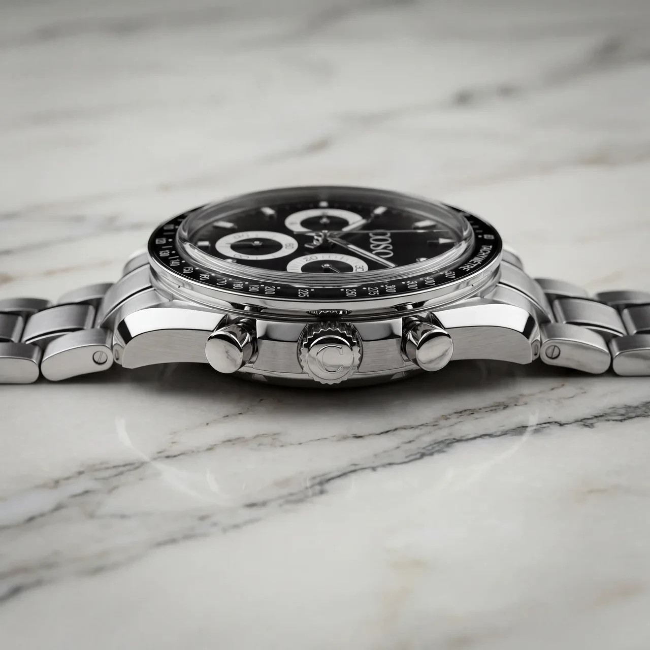 COSO Torvex Chronograph Watch Black Dial White Sub-dials Silver Steel Bracelet
