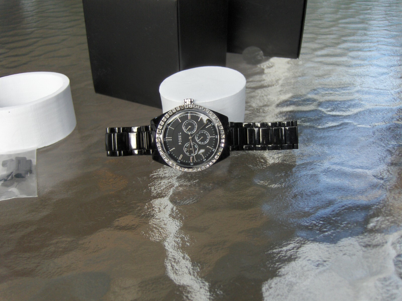 FOSSIL BQ1192 CARISSA BLACK PLASTIC RESIN BRACELET SWAROVSKI CRYSTAL BAGUETTES
