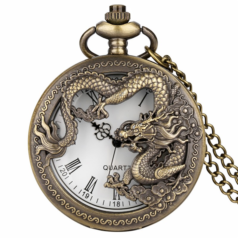 Vintage Style Bronze Pocket Watch Dragon Display with Long Chain for Women Men