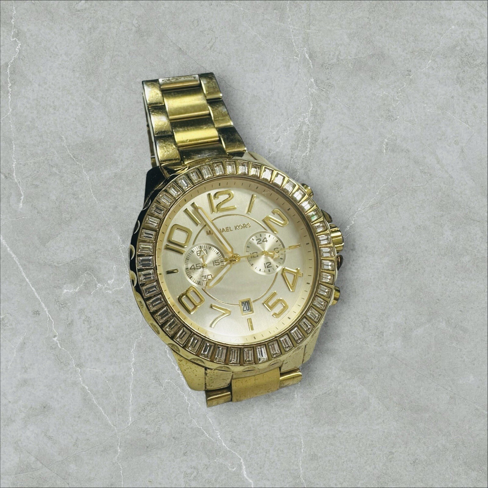 Michael Kors Rox Gold Tone Baguette Crystal Gemstone Bracelet Watch MK5591 45mm